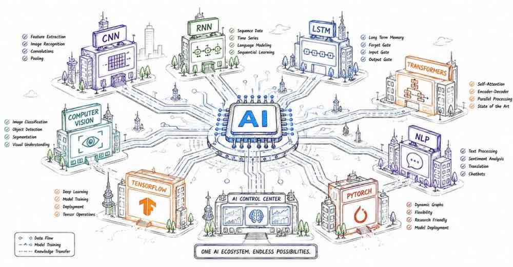 Deep learning roadmap showing CNN transformers NLP computer vision TensorFlow and PyTorch technologies
