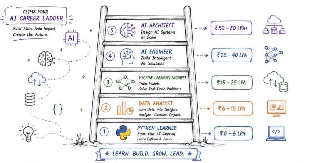 Machine learning engineer salary roadmap showing AI career growth from beginner to AI architect