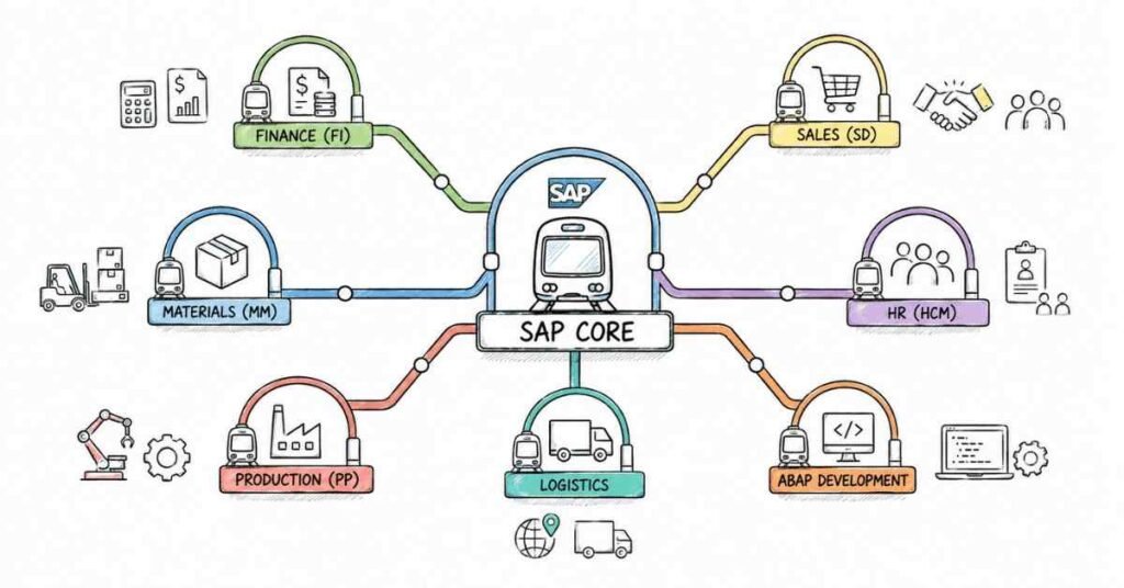 SAP ABAP career roadmap showing SAP modules FI MM SD HR and enterprise software ecosystem