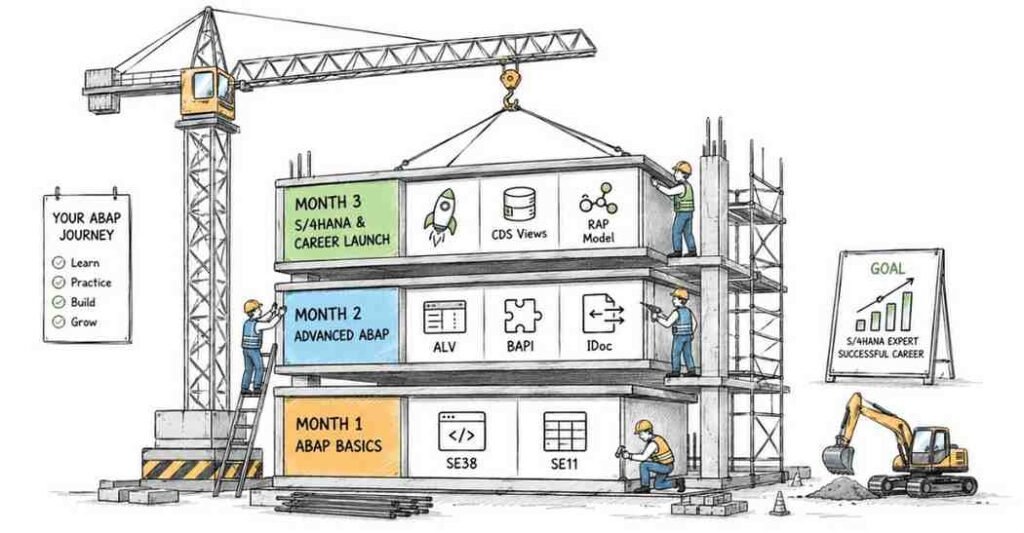 90 day SAP ABAP roadmap covering ABAP programming ALV reports BAPI IDoc and S4HANA skills