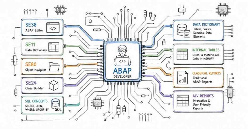 SAP ABAP fundamentals showing Data Dictionary internal tables ALV reports and ABAP programming concepts
