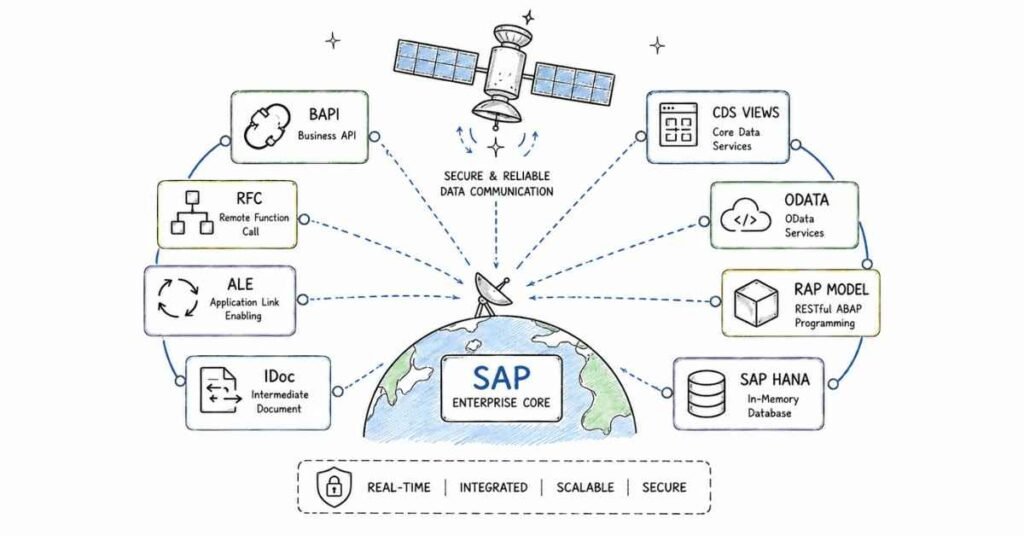 SAP S4HANA integration architecture showing BAPI RFC IDoc CDS Views OData and RAP model