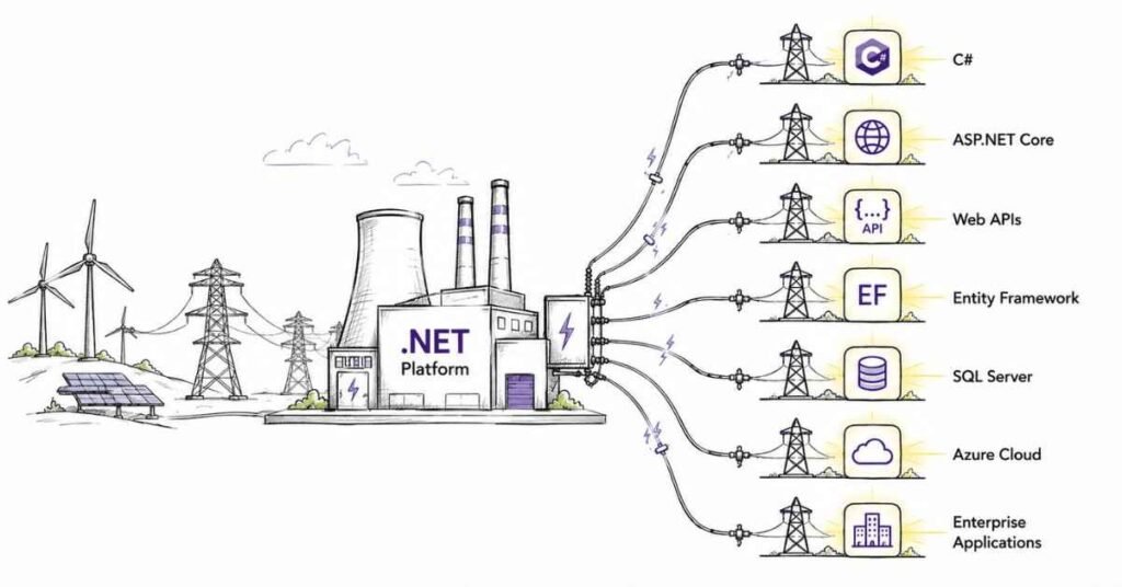 .NET developer career roadmap showing C Sharp ASP.NET Core Entity Framework SQL Server Azure and enterprise application development