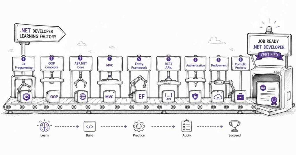 90 day .NET developer roadmap covering C Sharp OOP ASP.NET Core Entity Framework REST API deployment and portfolio projects