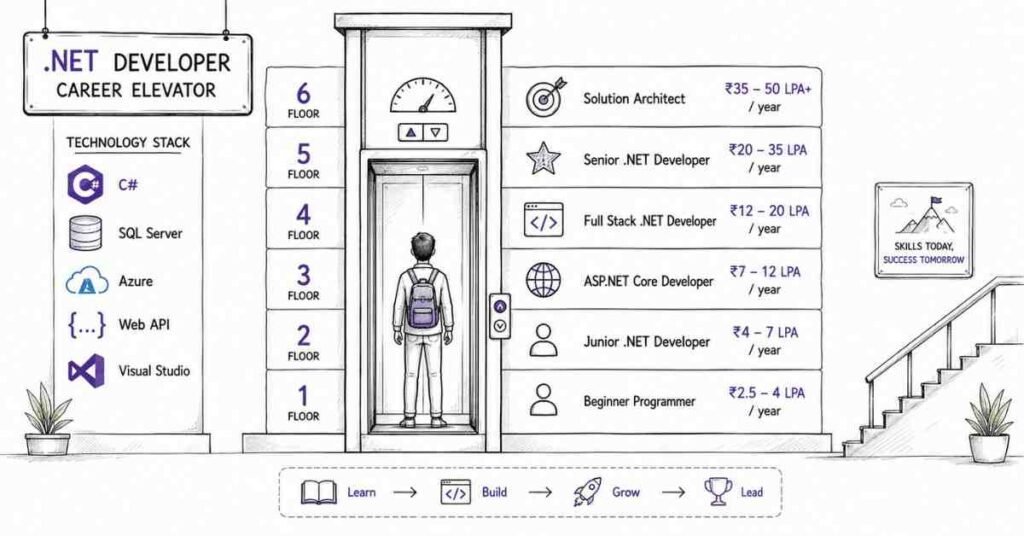 .NET developer career growth and salary roadmap from beginner programmer to solution architect in India