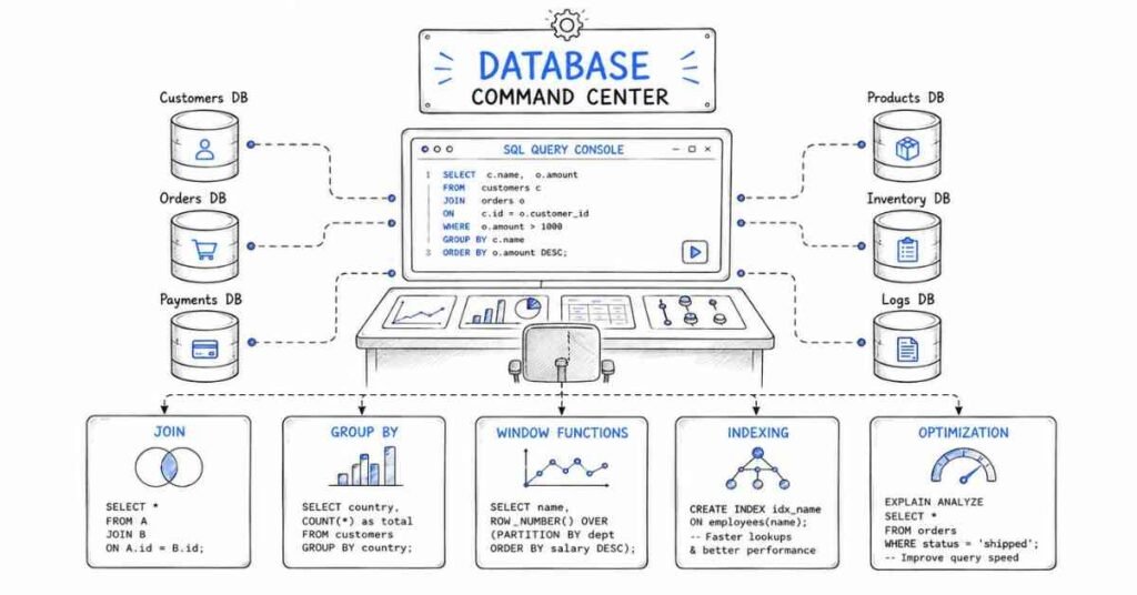 SQL interview questions for data science including joins indexing and window functions