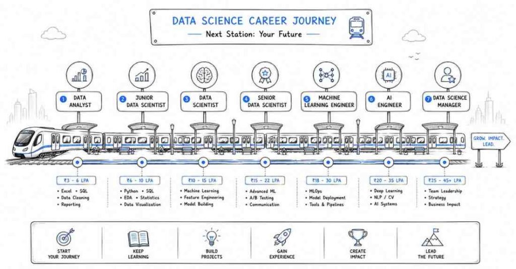 Data science career growth roadmap from data analyst to AI engineer