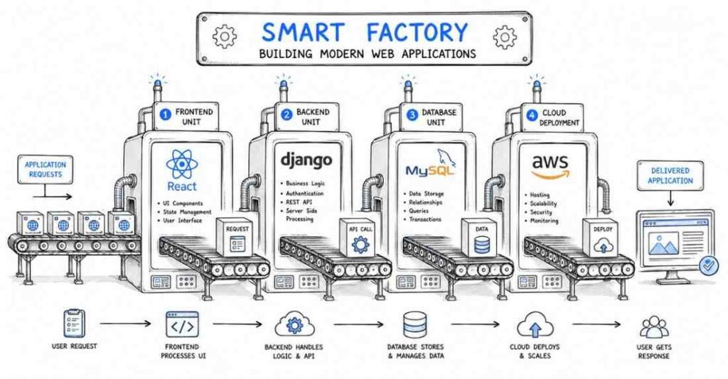 Python Full Stack architecture showing frontend backend database and cloud workflow