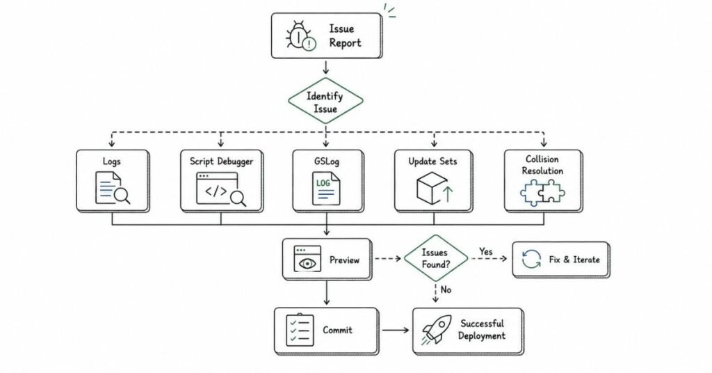 ServiceNow debugging and update set workflow