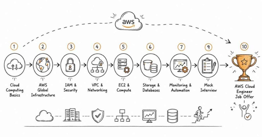 AWS career roadmap showing the complete learning path from cloud computing fundamentals to becoming an AWS Cloud Engineer in 2026.