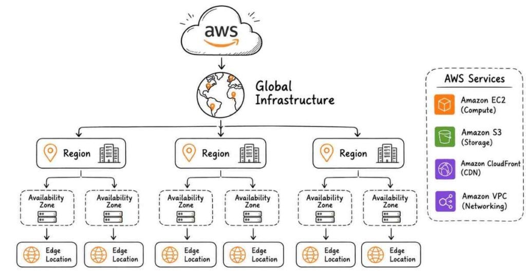 AWS global infrastructure diagram illustrating Regions, Availability Zones, Edge Locations, and cloud architecture concepts.