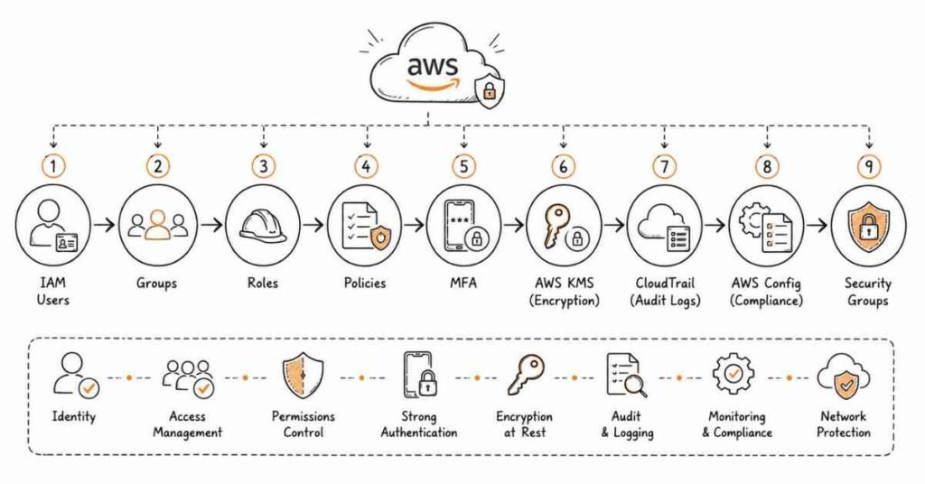 AWS IAM and security workflow showing users, roles, policies, MFA, encryption, CloudTrail, Config, and security best practices.