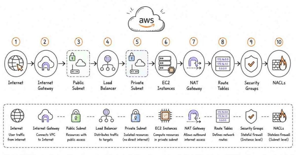 AWS VPC networking diagram illustrating VPC, subnets, route tables, NAT Gateway, security groups, NACLs, and load balancing.