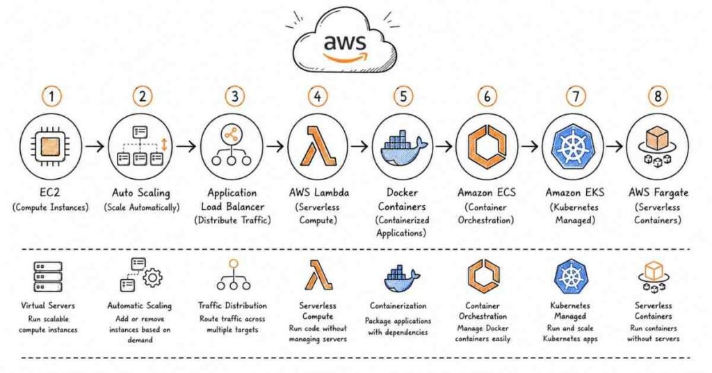 AWS compute services architecture showing EC2, Auto Scaling, Lambda, Docker, ECS, EKS, Fargate, and Load Balancer workflow.