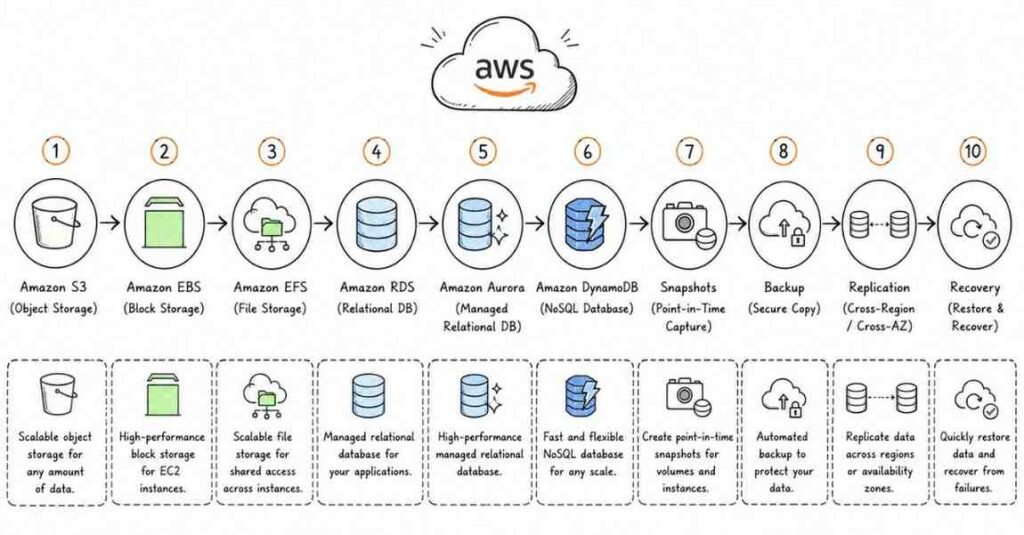 AWS storage and database architecture illustrating S3, EBS, EFS, RDS, Aurora, DynamoDB, backup, snapshots, and replication.