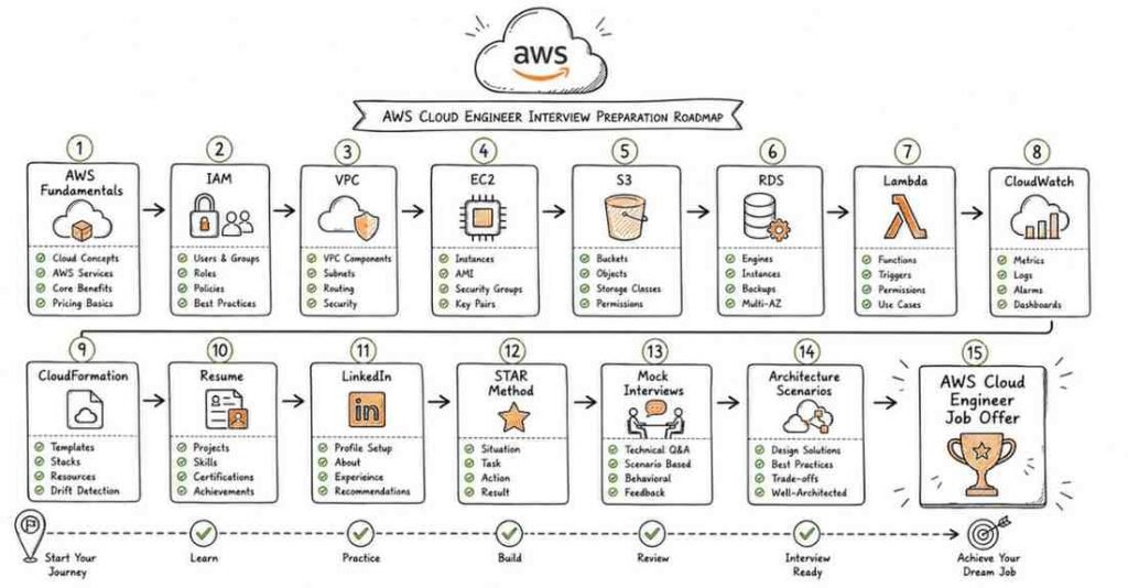 AWS interview preparation checklist covering cloud fundamentals, networking, compute, storage, security, resume, LinkedIn, mock interviews, and career readiness.