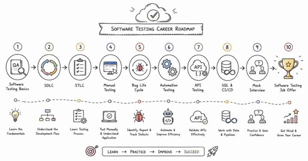 Software Testing career roadmap showing the complete learning path from testing fundamentals to landing a QA Engineer job in 2026.