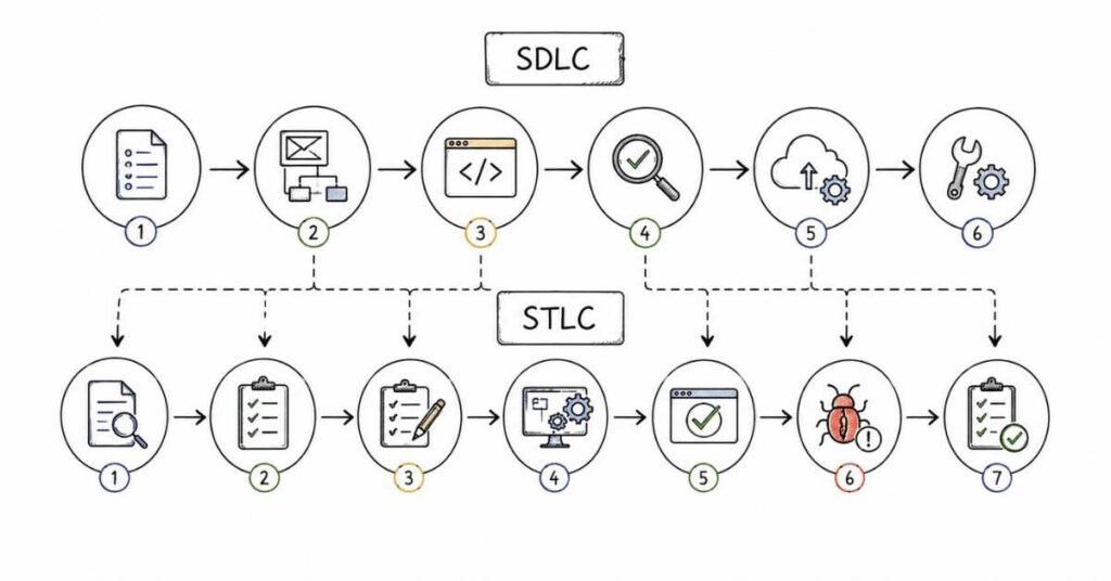 SDLC and STLC workflow diagram explaining the software development and software testing life cycles.