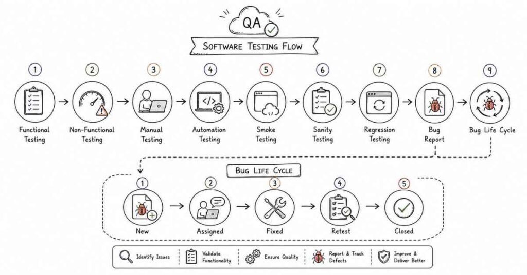 Software testing types and bug life cycle infographic covering functional, regression, smoke, sanity testing, and defect management.