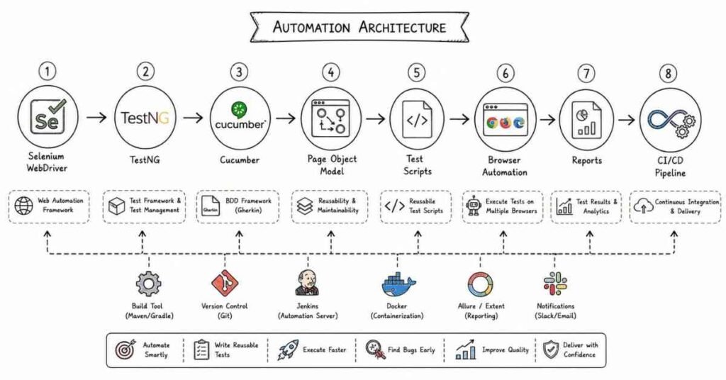 Selenium automation testing architecture illustrating WebDriver, TestNG, Cucumber, Page Object Model, and automation framework.