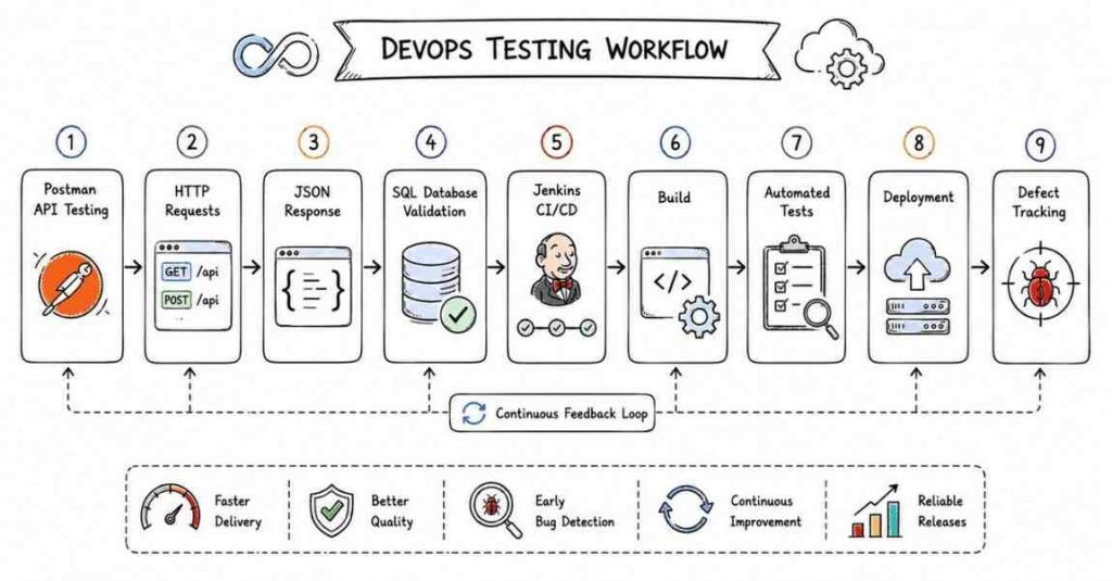 API testing and CI/CD workflow showing Postman, SQL validation, Jenkins pipeline, automated testing, and deployment.