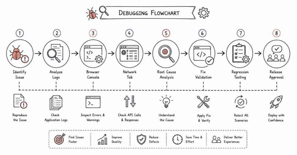 Software testing debugging workflow illustrating issue analysis, root cause analysis, regression testing, and release validation.
