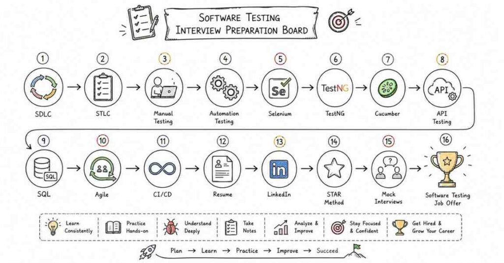 Software Testing interview preparation checklist covering manual testing, automation, Selenium, API testing, SQL, Agile, resume preparation, and mock interviews.