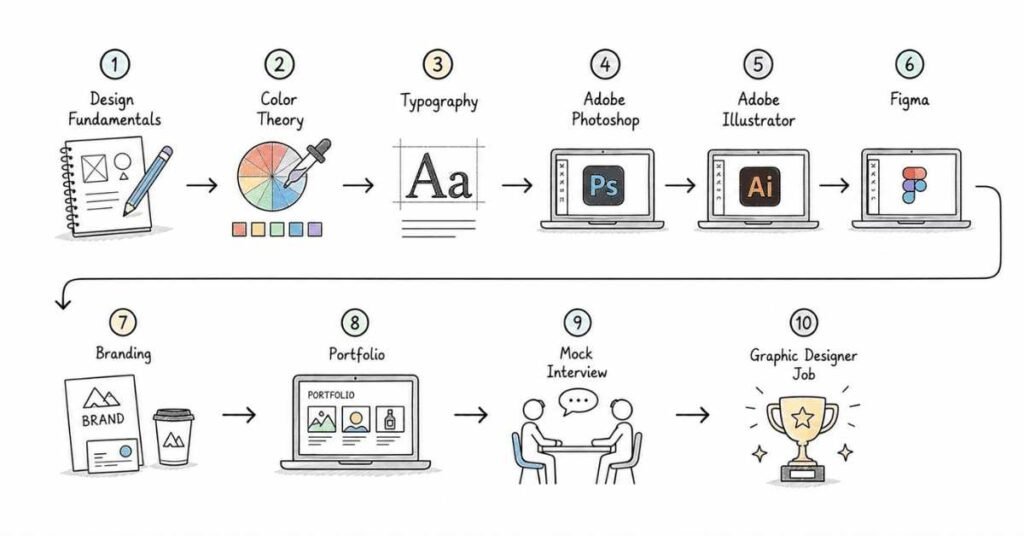 Graphic Design interview preparation roadmap showing the complete learning path from design fundamentals to getting a Graphic Designer job in 2026.