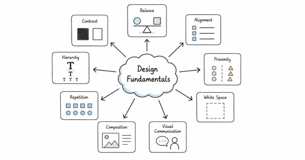 Graphic Design fundamentals infographic explaining balance, contrast, alignment, hierarchy, composition, and visual communication principles.