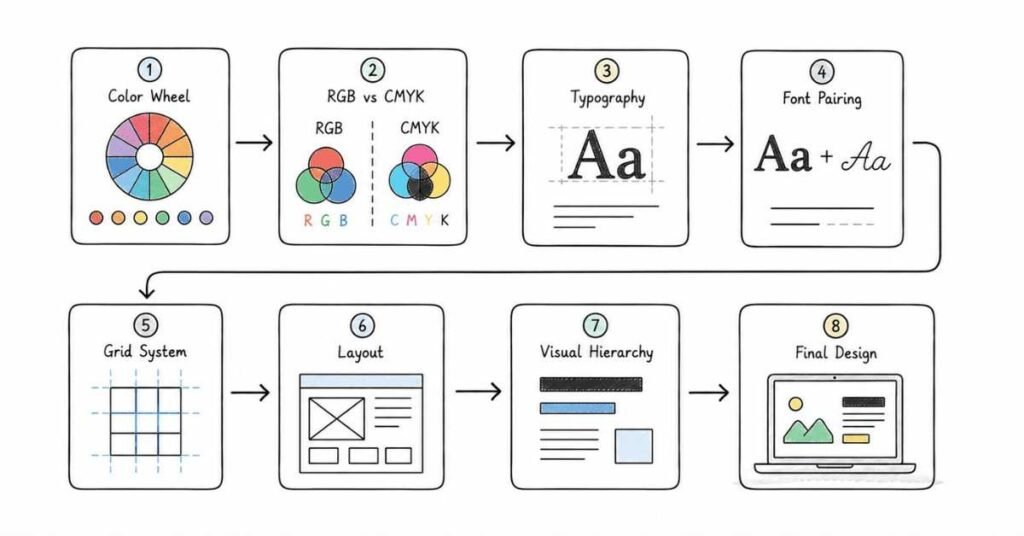 Graphic Design color theory and typography workflow explaining layout, font pairing, visual hierarchy, and color principles.