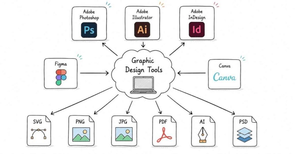 Graphic Design software ecosystem illustrating Photoshop, Illustrator, Figma, Canva, file formats, and professional design workflow.