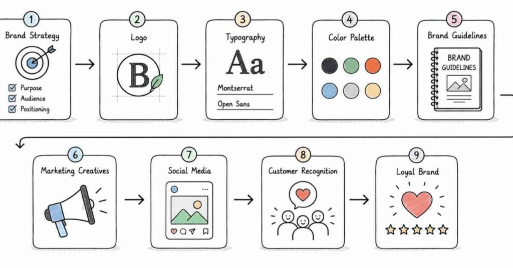 Branding and visual identity workflow explaining logo creation, typography, color palette, brand guidelines, and marketing creatives.