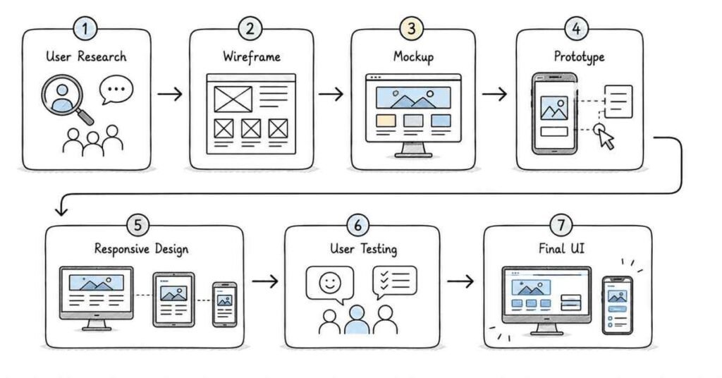 UI UX design process infographic explaining wireframes, prototypes, responsive design, and user-centered interface design.
