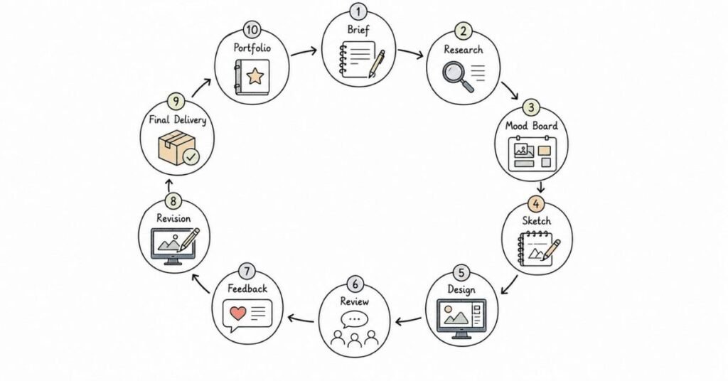Graphic Design project workflow showing research, ideation, design process, feedback, revision, and portfolio creation.