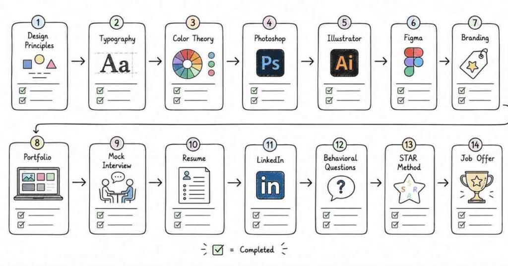 Graphic Design interview preparation checklist covering design fundamentals, software tools, portfolio, resume, LinkedIn, and mock interviews.