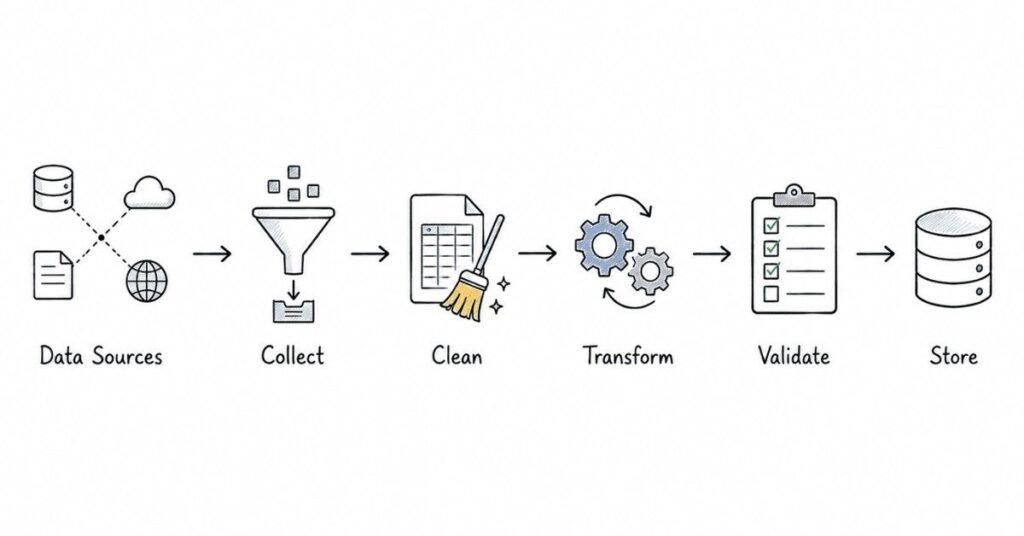 Data cleaning workflow illustrating data collection, transformation, validation, and storage process.