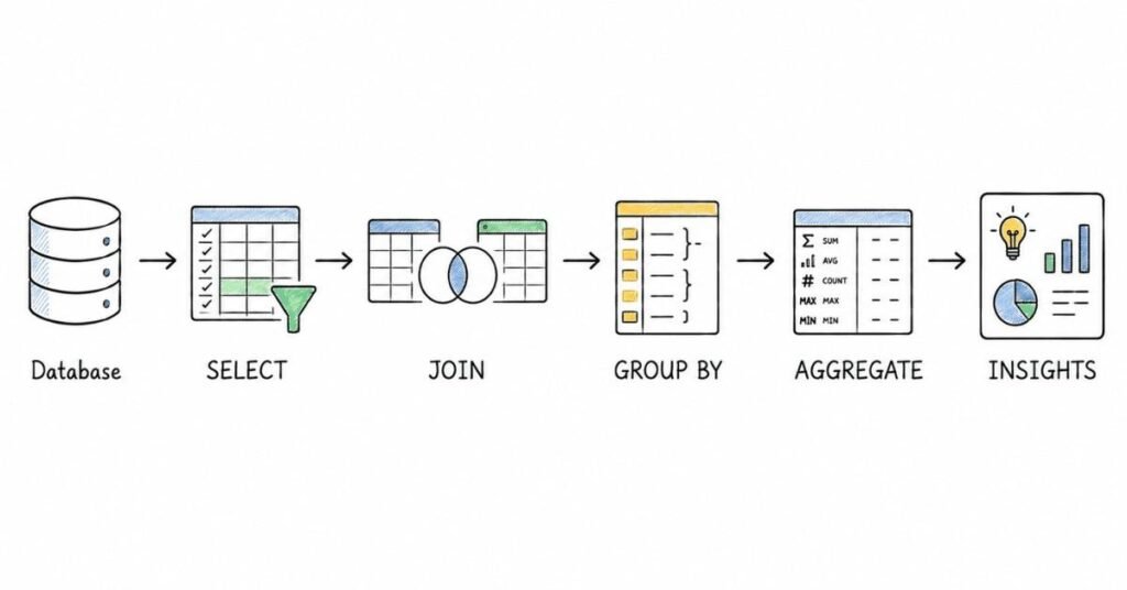 SQL workflow infographic explaining database querying and data analysis process.