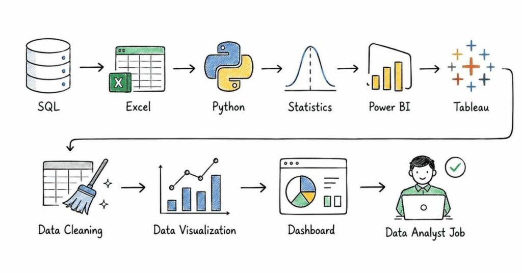 SQL workflow infographic explaining database querying and data analysis process.