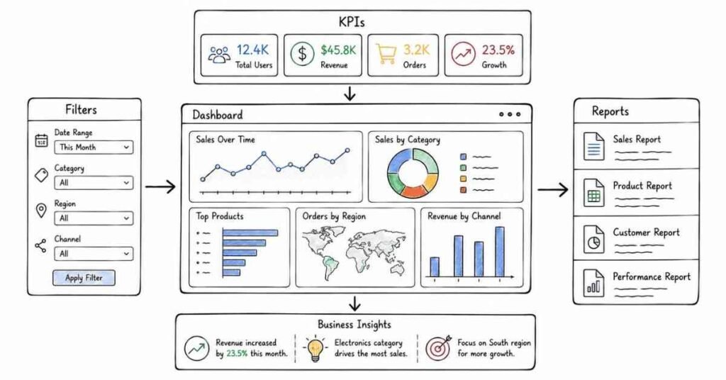 Data visualization dashboard design process using charts, KPIs, and business reports.