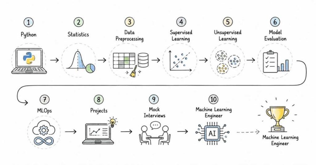 Machine Learning career roadmap showing the complete learning path from Python and statistics to becoming a Machine Learning Engineer in 2026.