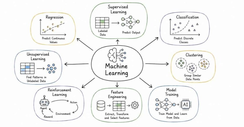 Machine Learning fundamentals infographic explaining supervised learning, unsupervised learning, reinforcement learning, regression, and classification.