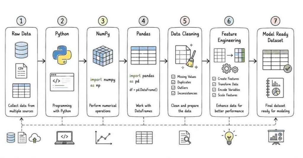 Python, NumPy, and Pandas workflow illustrating data cleaning, preprocessing, and feature engineering for Machine Learning.
