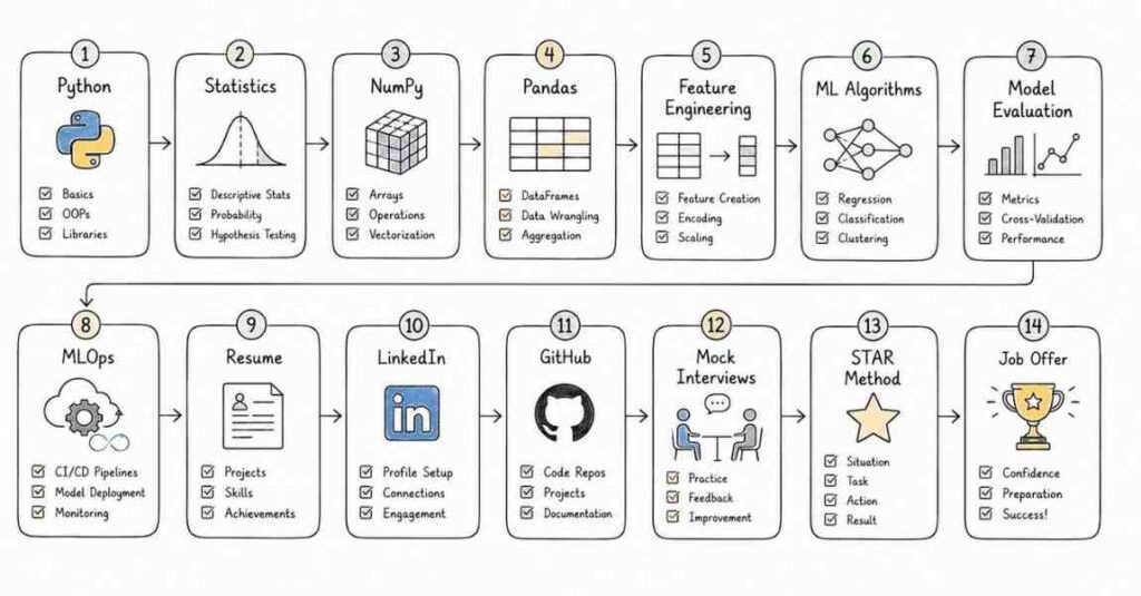Machine Learning interview preparation checklist covering Python, statistics, ML algorithms, model evaluation, MLOps, resume preparation, and mock interviews.