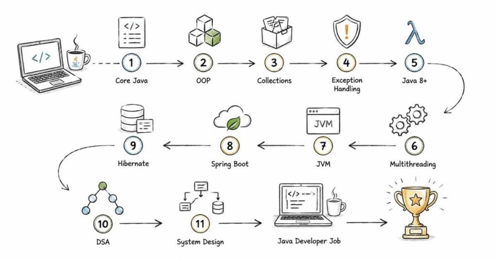 Java Developer roadmap showing the complete learning path from Core Java fundamentals to becoming a Java Backend Developer in 2026.