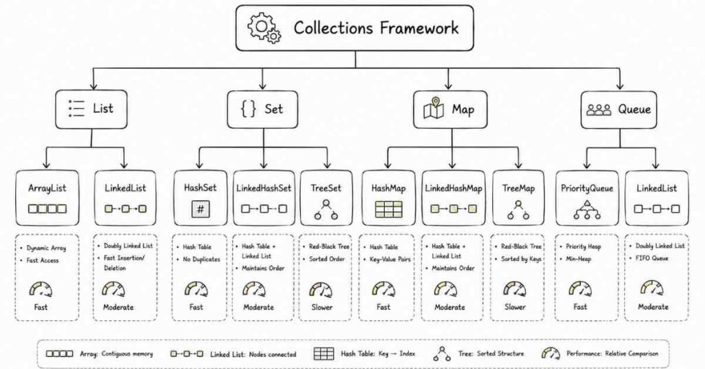 Java Collections Framework infographic explaining List, Set, Map, Queue, ArrayList, HashMap, TreeMap, and LinkedList.