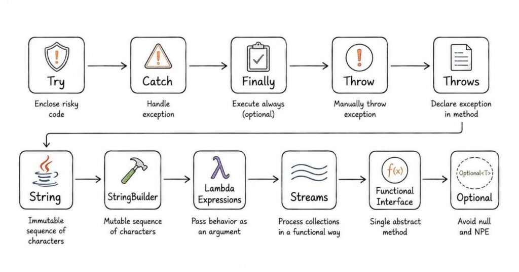 Java exception handling and Java 8 features infographic covering try-catch, lambdas, streams, StringBuilder, Optional, and functional interfaces.
