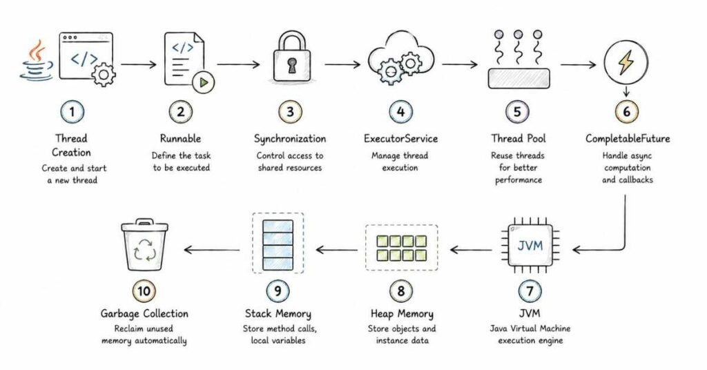 Java multithreading and JVM infographic explaining threads, synchronization, ExecutorService, heap memory, stack memory, and garbage collection.
