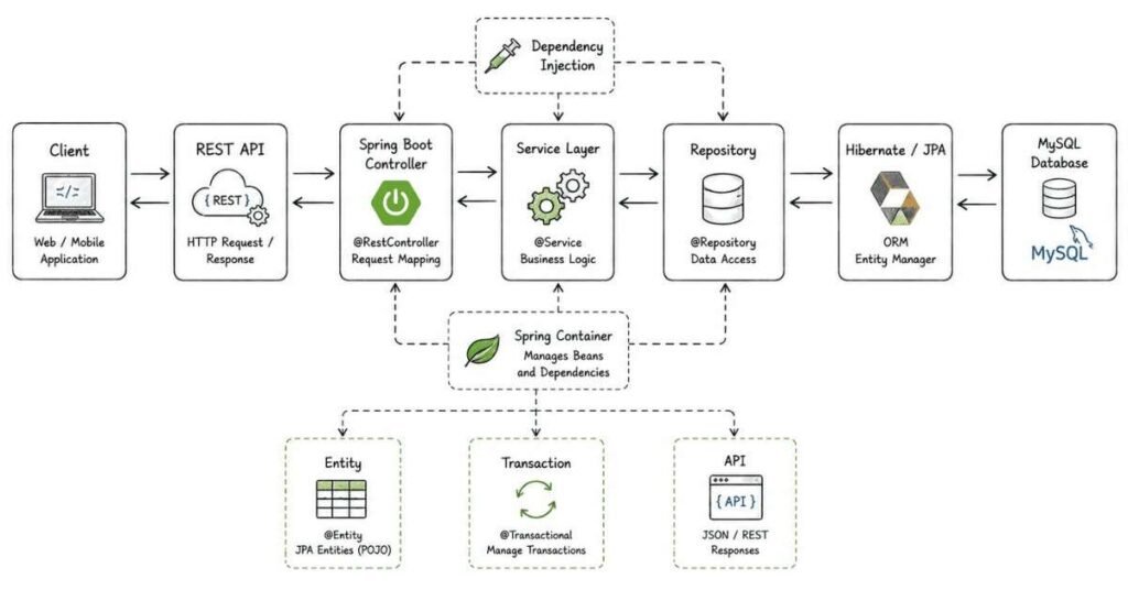 Spring Boot architecture infographic showing REST APIs, Dependency Injection, Hibernate, JPA, repositories, and MySQL database integration.