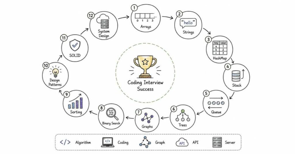Java DSA roadmap infographic explaining arrays, strings, HashMap, trees, sorting, design patterns, SOLID principles, and system design.