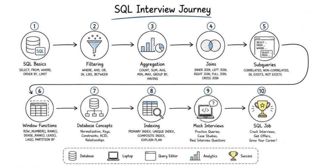 SQL Interview Preparation Roadmap showing the complete 30-day learning path from SQL basics to cracking SQL interviews in 2026.